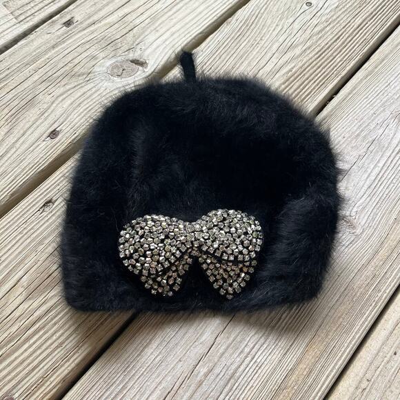 Betsey Johnson Women's Black Rabbit Hair Rhinestone Bow Hat One Size - Picture 1 of 9